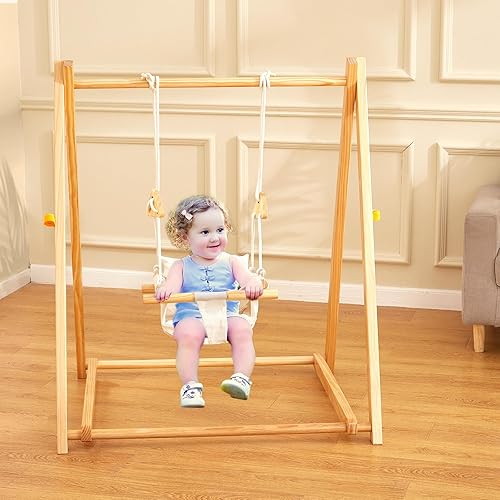 FUNLIO Montessori - Juego de columpios de madera para niños pequeños de 6 a 36 meses, juego de columpios plegables para interiores de pino duradero,