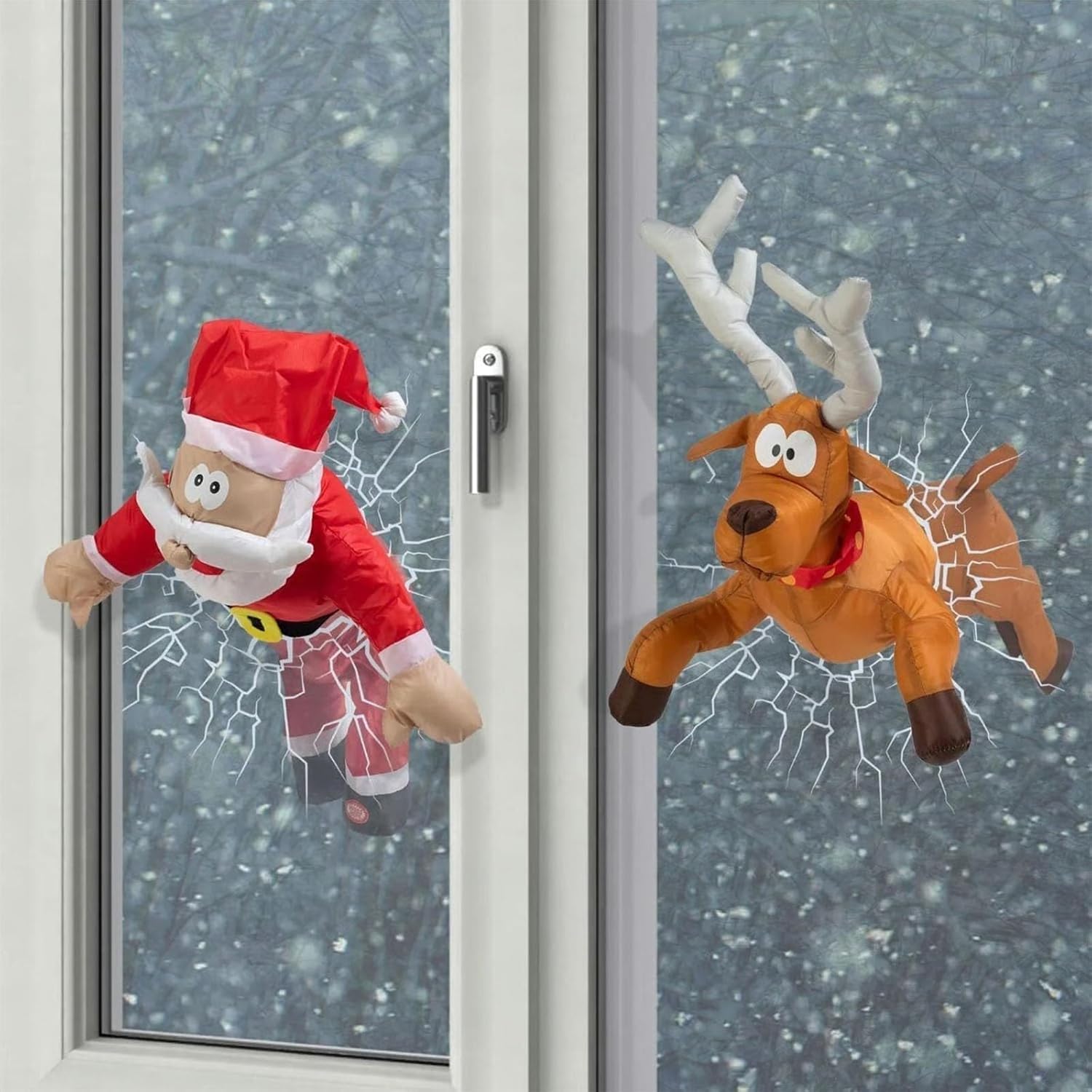 Peamoo Santa+Reindeer Christmas Crashing Santa & Reindeer Animated Decoration,Funny Christmas Decoration,Christmas Window Decorations With Broken Glass Sticker & Leg-Kicking Animation,Fits Any Window (Santa+Reindeer)
