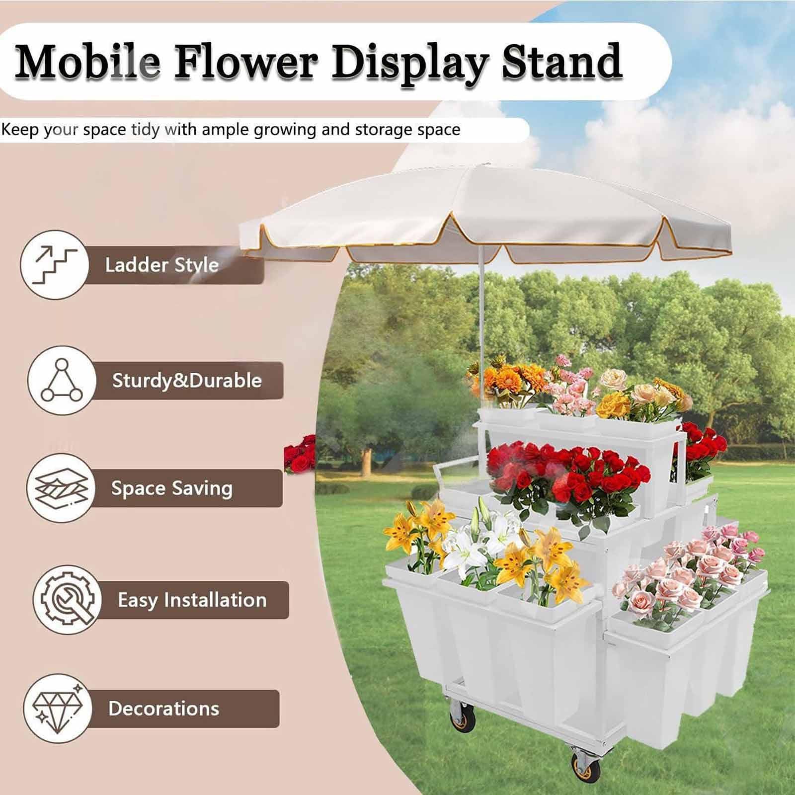 Este Soporte metálico para exhibición de Flores al Aire Libre con Soporte para Flores con 18 Cubos, Soporte para exhibición de Flores con Ruedas, Carrito de Flores para floristería, Patio y