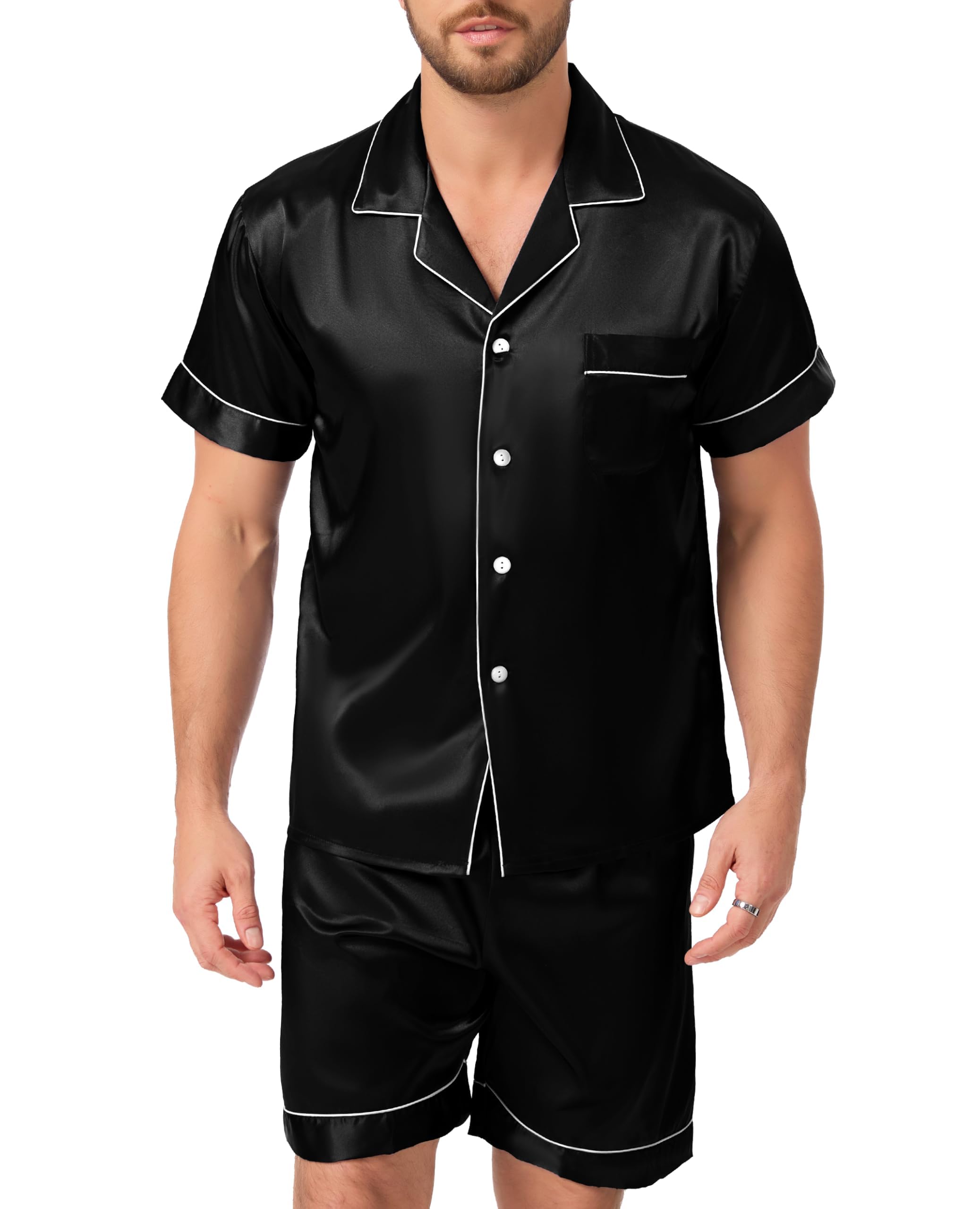 Lovasy Pigiama Uomo in Raso Estivo con Bottoni Davanti Pigiami Set Corta Scollo a V e Maniche Corte 2 Pezzi Seta Pigiama da Casa Leggero T-Shirt