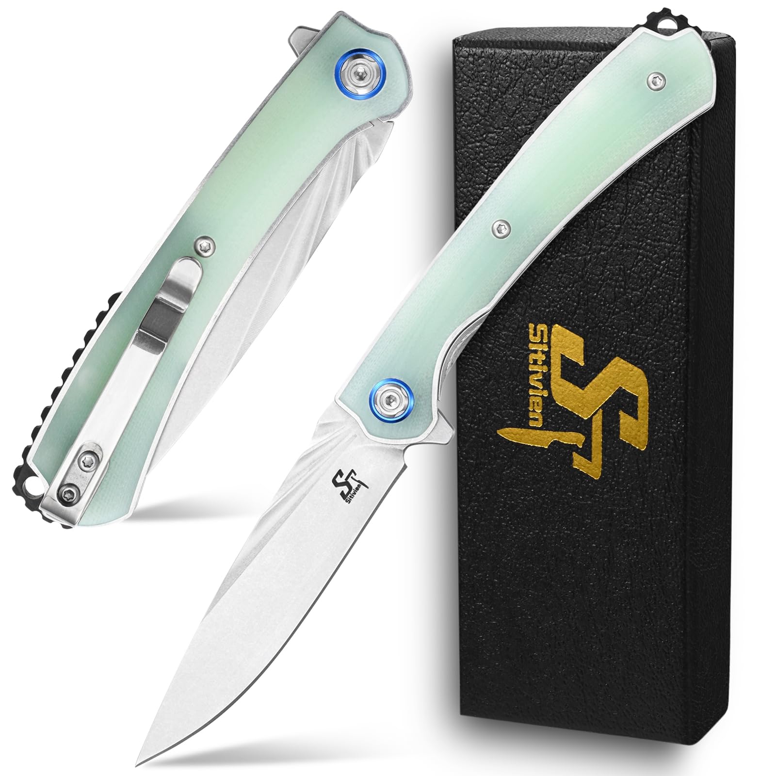 Sitivien ST144 Folding Knife,14C28N Steel Blade,G10 Handle Pocket Knife for Outdoor EDC Camping,Survival,Hiking,Fishing(Jade)