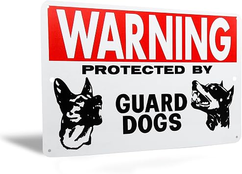 Warning Guard Dog Metal Signs Outdoor Home Security Beware of Dog Sign for Fence, Yard or Door - Premises Posters for Porch & Garden Decor with German Shepherd & Doberman Design - Red White 12"x8"