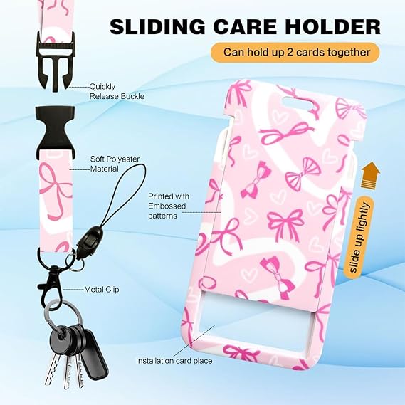 ID Card Holder with Ribbon Bow Tie Pattern Extendable Key Ring Badge Holder Cute Lanyard with Carabiner Card Holder with Strap for Teachers Nurses Doctors Students (Pink)