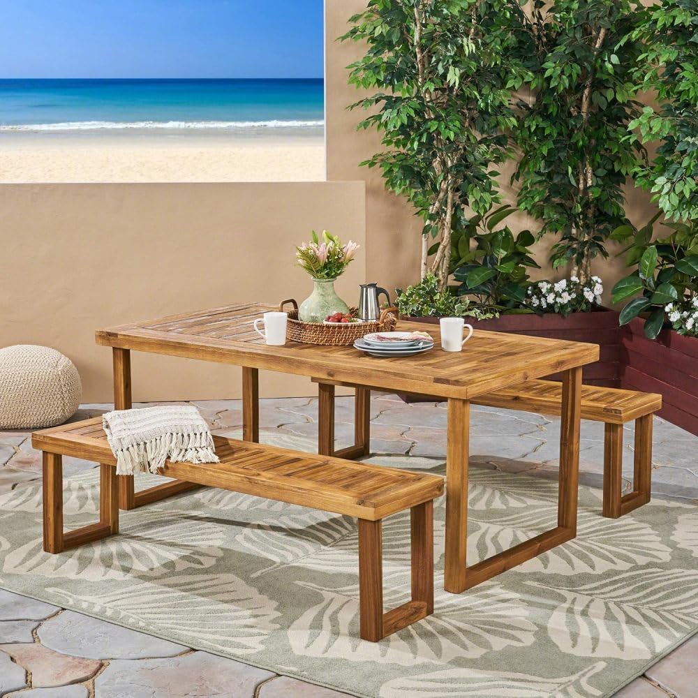 Acacia Wood Outdoor Dining Set with Sandblasted Surface for Patio and Backyard Use