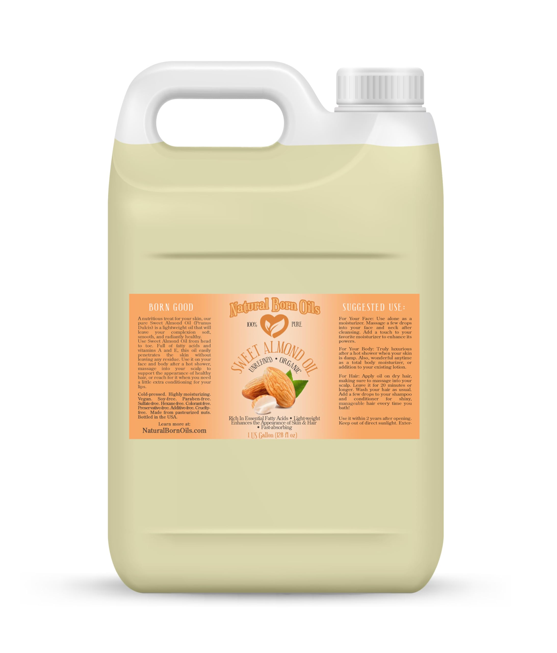 Sweet Almond Oil, 1 Gallon, Organic, Cold-Pressed, Nutrient-Rich, Excellent for Soft Skin, Lustrous Hair. Natural Born Oils.