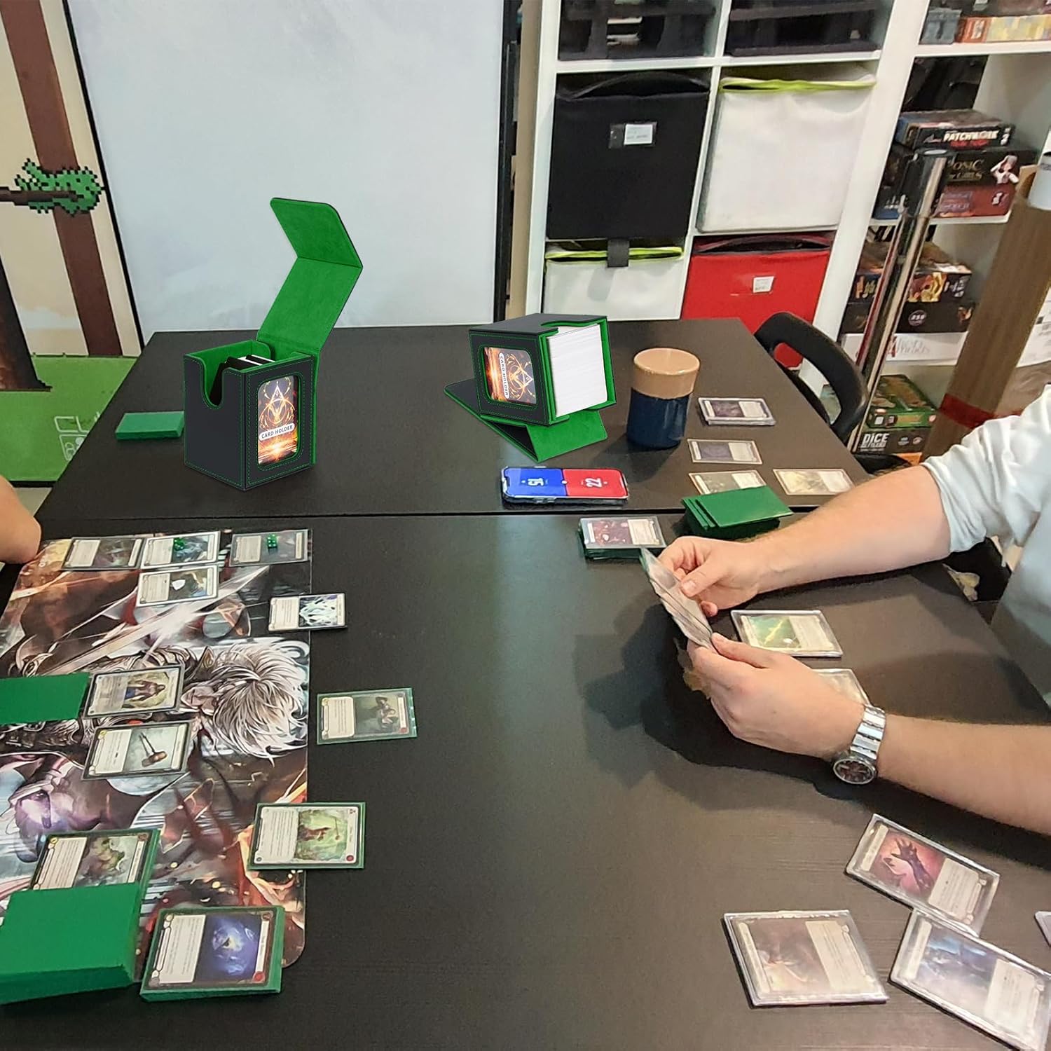 Deck Box for MTG Commander, Magnetic Card Display Case, TCG Card Storage Box, Holds 100 Double-Sleeved Cards, Black&Green