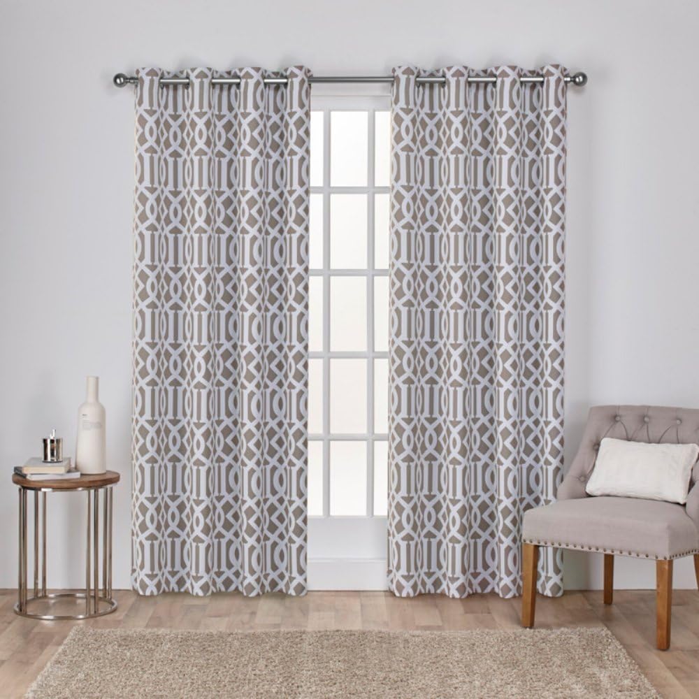 Exclusive Home Scrollwork Gated Print Woven Sateen Grommet Top Curtain Panel Pair, Taupe, 52x96, 2 Piece
