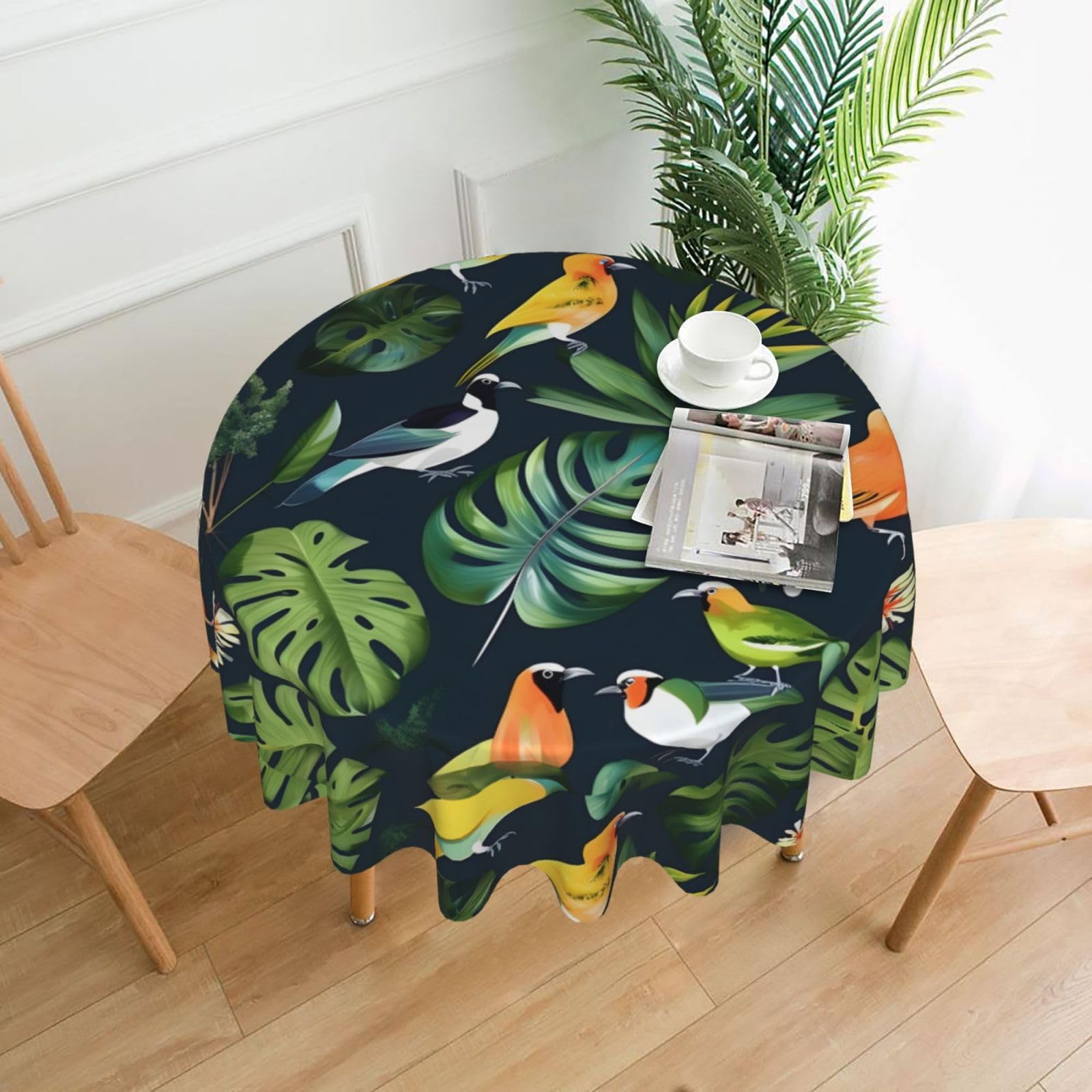 Nbtghga Tropical Birds Plant Leaf Print Tablecloth Round Border Table Cloth Cover Decorative For Party Holiday Dinning Tabletop Home