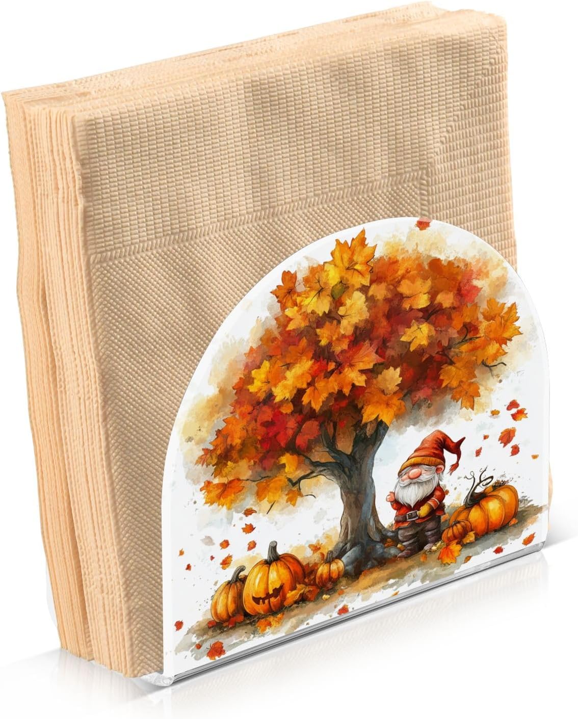 Fall Maple Leaves Pumpkins Gnome Napkin Holder, Acrylic Napkin Holders for Table Cocktail Napkins Dispenser Paper Stand for Home Kitchen Restaurant Bar, 1 Pc