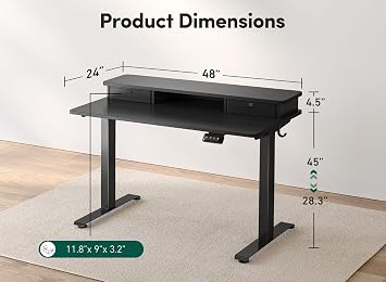 FEZIBO Electric Height Adjustable Standing Desk, 120x60cm, with Double Drawers and Storage Shelf, Black