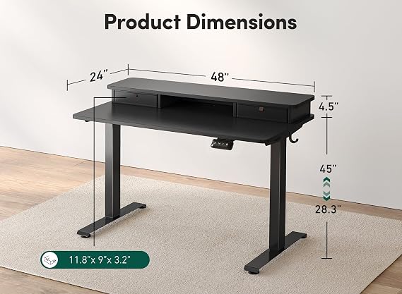 FEZIBO Electric Height Adjustable Standing Desk, 120x60cm, with Double Drawers and Storage Shelf, Black