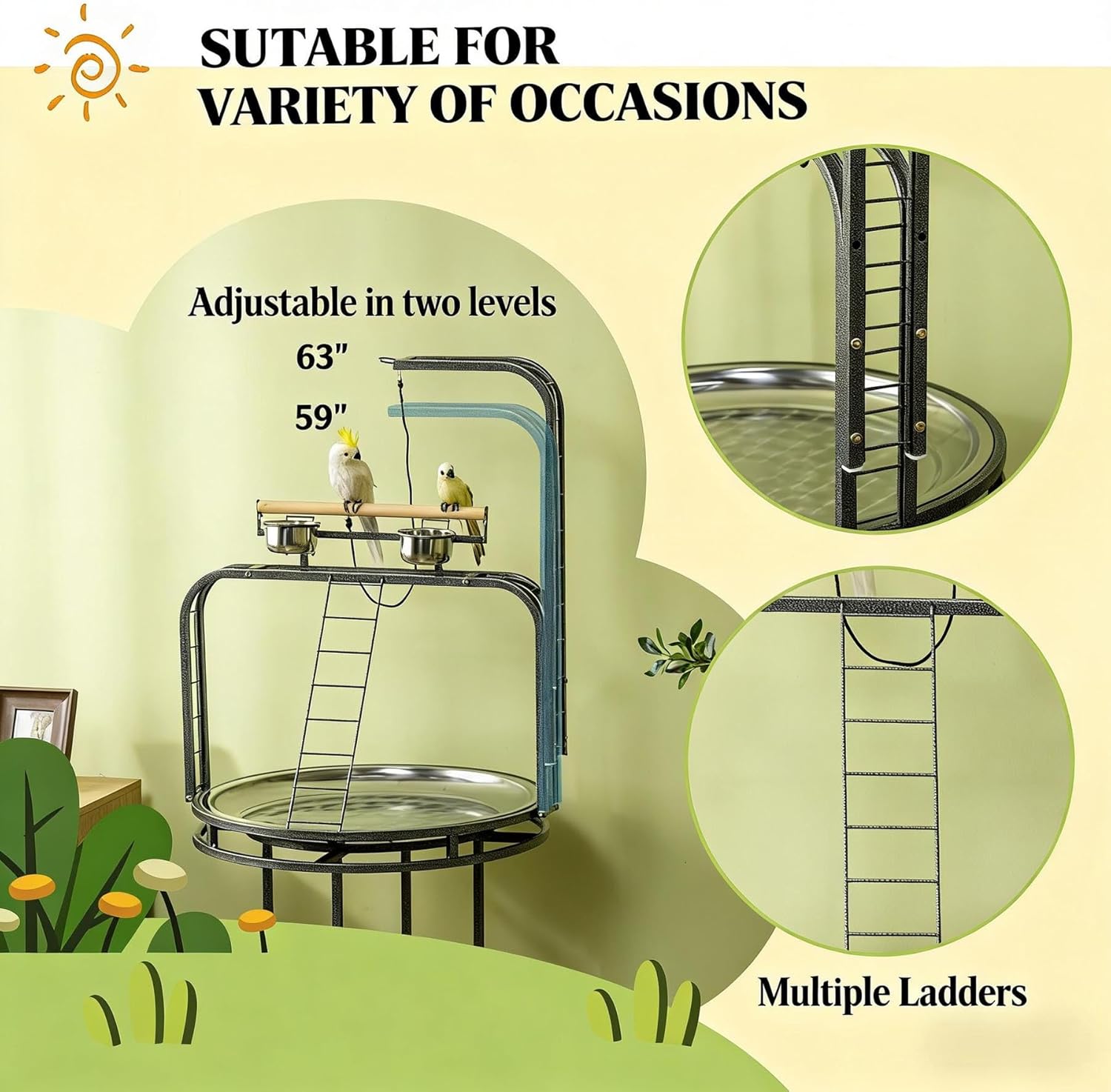 Large Bird Playground Stand with Wheels, 63 Inch Parrot Stand with Stainless Steel Bowls & Removable Tray, Bird Perch Stand for Cockatoos, Parakeet & Birds of Similar Sizes