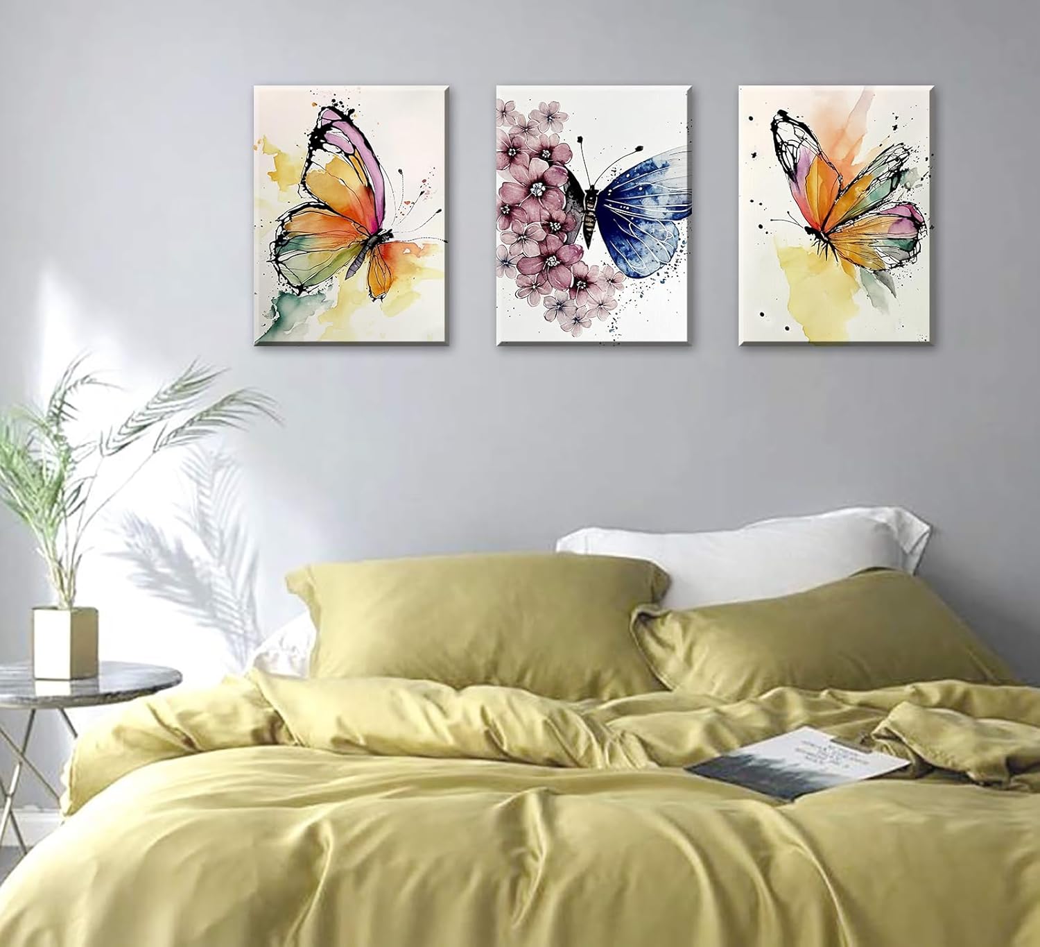 JiazuGo Butterfly Wall Art - 12x16 Inch 3-Piece Colorful Canvas Print, Modern Butterflies Painting for Girls Bedroom Nursery & Bathroom Home Decor, Ready to Hang