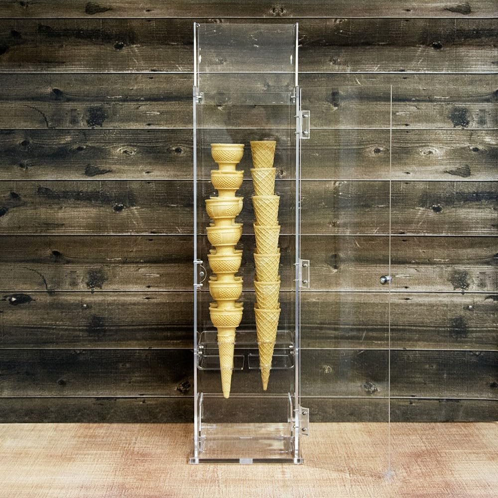 Porta coni gelato in plexiglass trasparente con vaschetta porta cucchiaini e con sportello - Misure: 16 x 13 x H61 cm