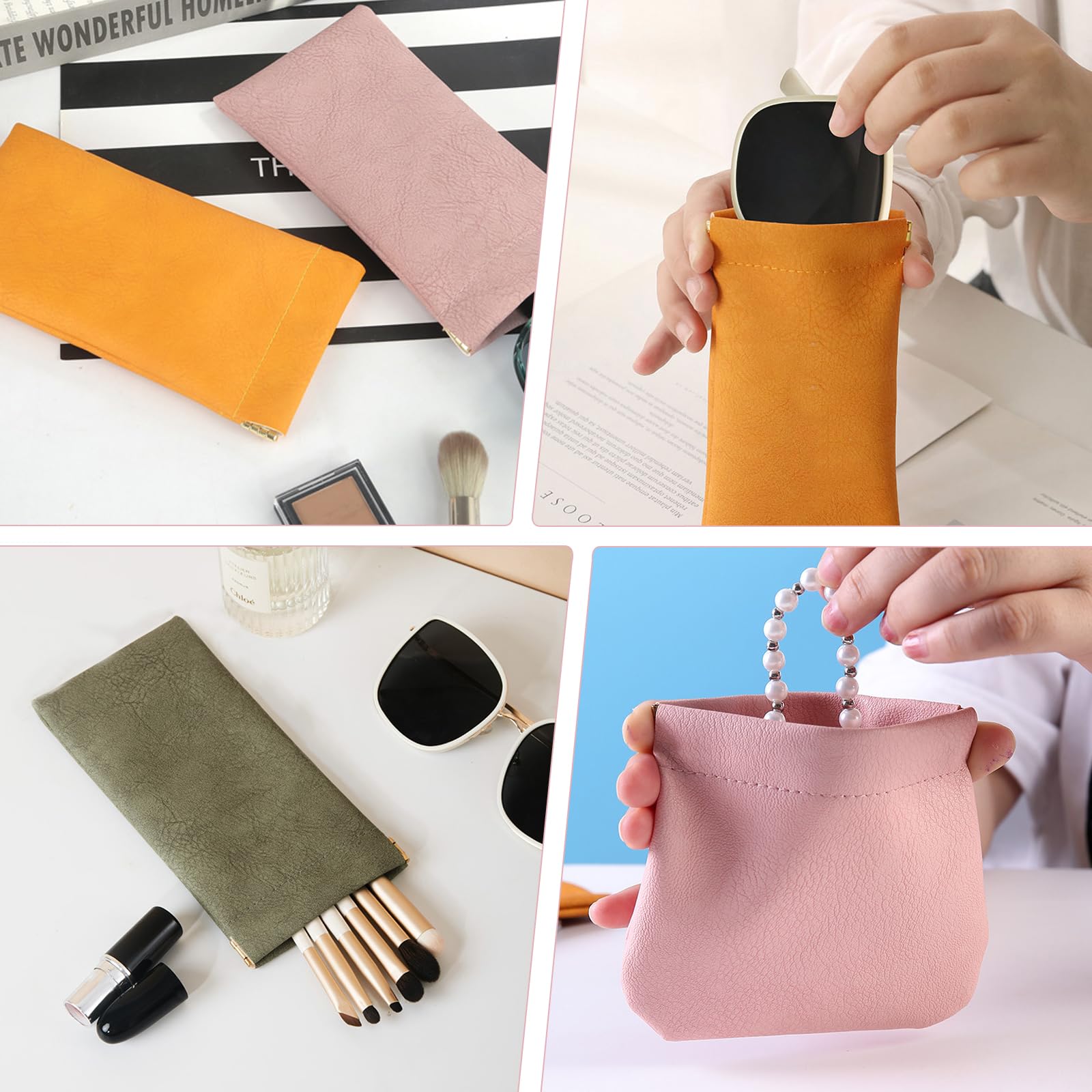 4-teiliges Brillenetui, Weiches Brillenetui Leder, 2-teilige Kopfhörer-Aufbewahrungstasche, Brillen Tasche für Sonnenbrille, Unisex, Orange, Rosa, Blau, Grün