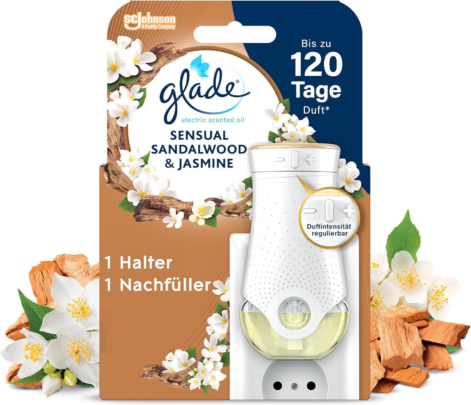 Glade Raumduft Set Sandalwood & Jasmine – Automatic Spray + 2 Nachfüller, Duftstecker Starter Set + 2x 20 ml Nachfüller, 2 Duftkerzen je 112 g & Duftstäbchen Diffuser