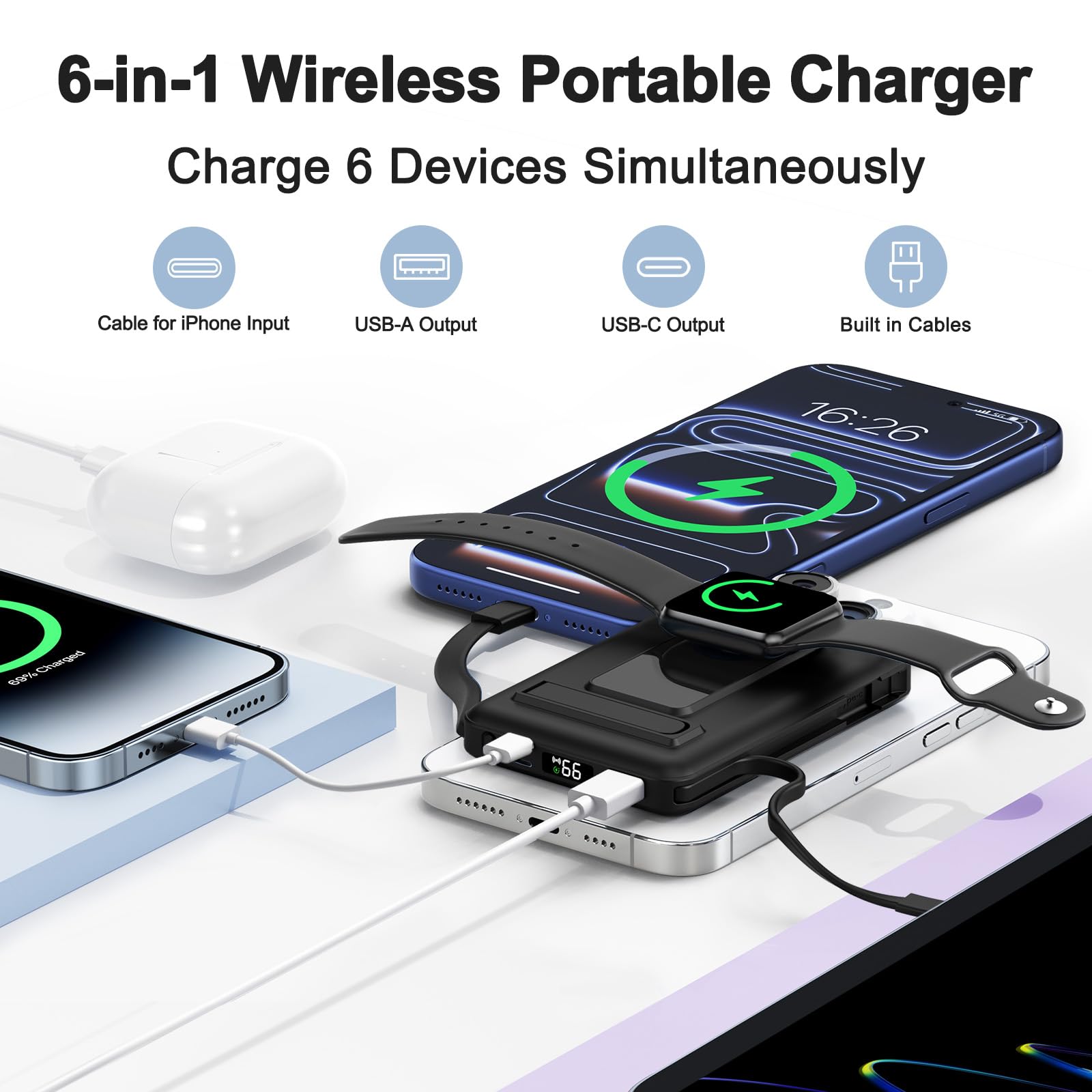 for Batterie Externe Iphone, 10000mAh Power Bank Magnétique Compatible avec MagSafe, Charge Rapide PD 20W avec 2 Câble et Support et Affichage LED, for iPhone 17-12 et Apple Watch Series(Noir)