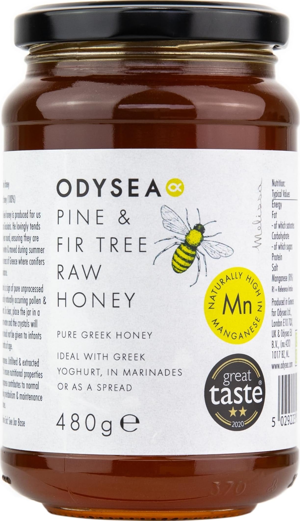 Odysea Pine And Fir Tree Raw Honey, 480G - Award Winning - 100% Natural, Cold-Extracted, Pure & Unprocessed - Low In Sugar - Healthy - Premium - Greek - High