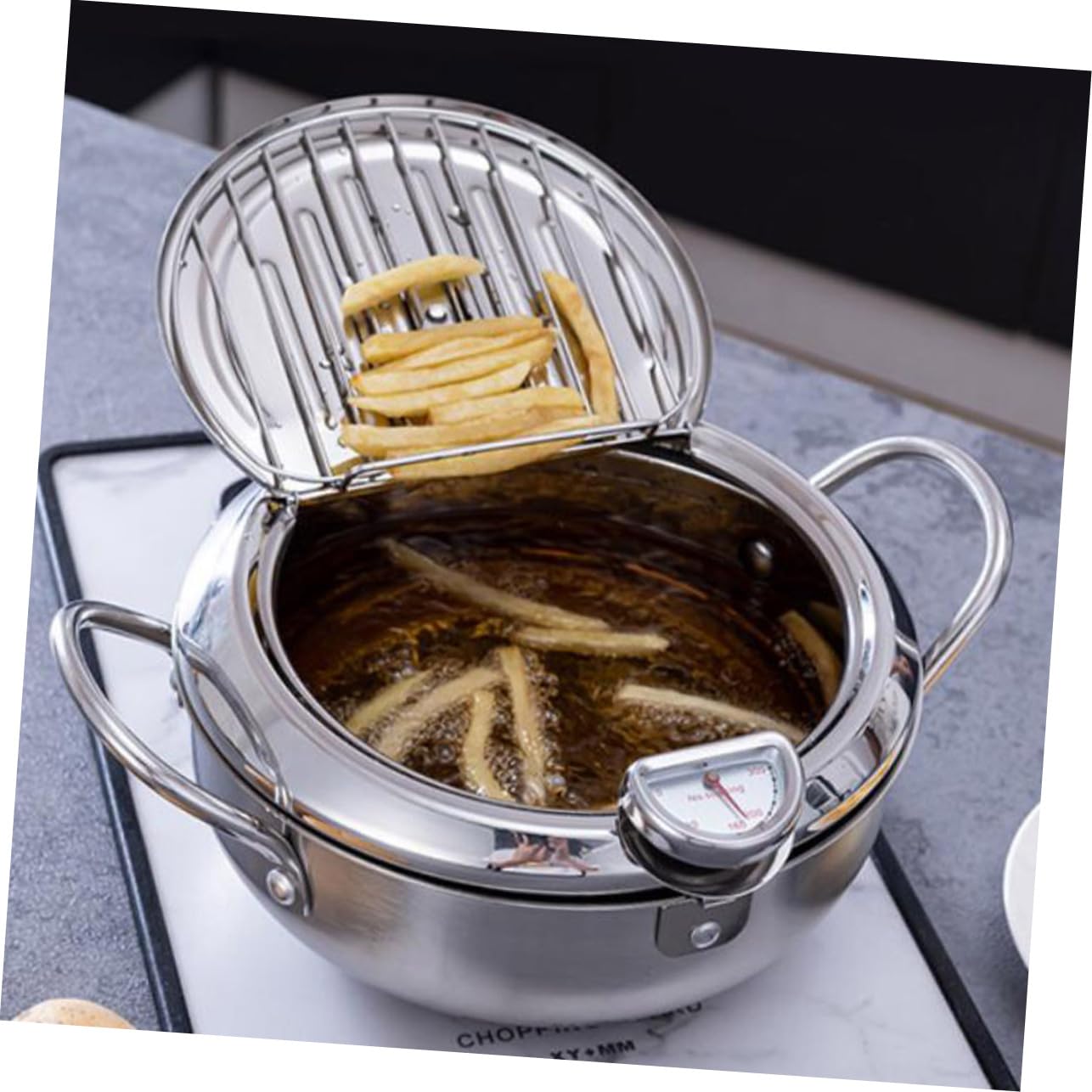 Freidora con Termómetro De Olla para Uso Doméstico para Sartenes De Inducción con Tapa y Control De Baja Temperatura Plateada