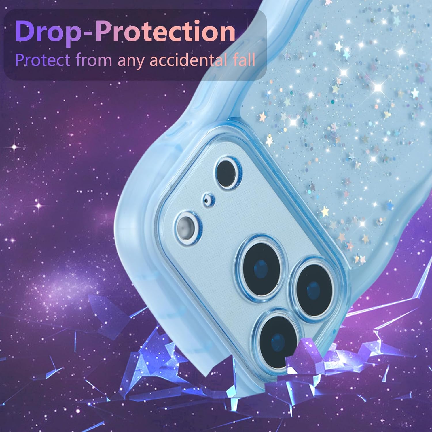 ZTOFERA for iPhone 17 Pro Max Case 6.9",Cute Curly Wave Case with Star Glitter,Clear Shiny Bling Soft TPU Shockproof Phone Protecive Cover for Women Girls-Blue - Image 3