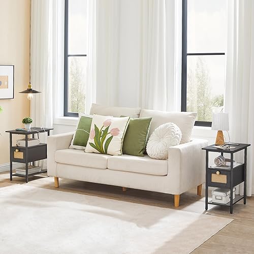 Miniatura 4 de HOOBRO Mesa auxiliar, mesa auxiliar con estación de carga, mesita de noche con cajón, mesita de noche estilo ratán, mesa de centro delgada para