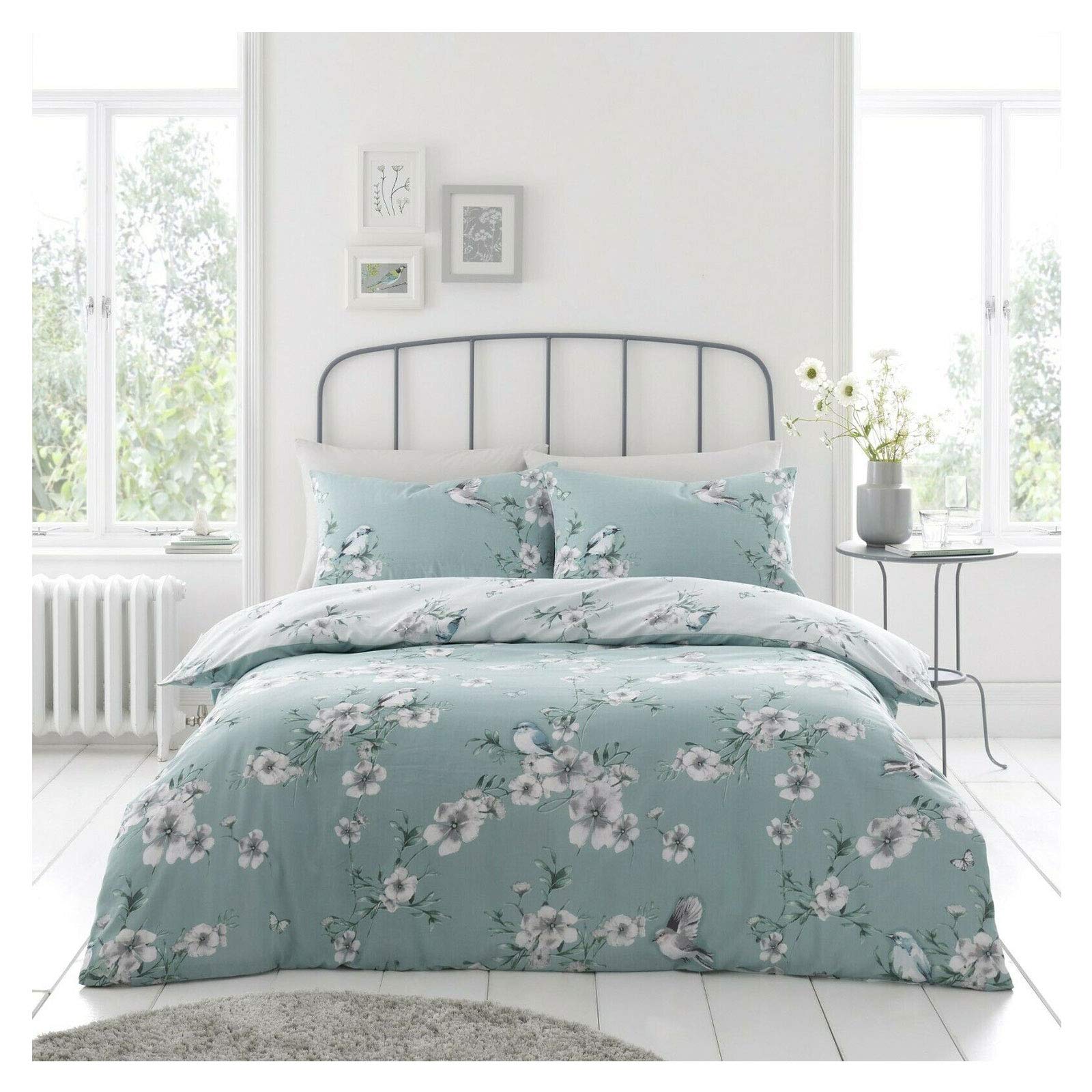 FAIRWAYUK Duck Egg Duvet King Size Covers Set, Floral Bedding Set with Pillowcase, Reversible Printed Quilt Covers Bed Set, Poly-Cotton Ultra Soft Easy Care