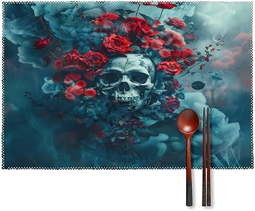 Rose Skull Placemats Set of 6 Resistant Table Mats Washable Place Mats for Dinner Party Table Decoration