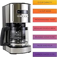 Vista 3 de Kenmore Aroma Control - Cafetera programable de 12 tazas, máquina de café de goteo de acero inoxidable y negro, jarra de vidrio, filtro