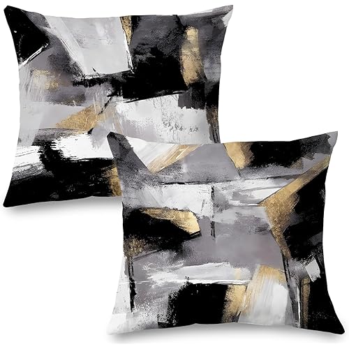 Black and White Pillow Covers, Abstract White Black and Gold Pillow Covers 22x22 Set of 2, Modern Black and White Pillow Covers for Couch Bed Living Room
