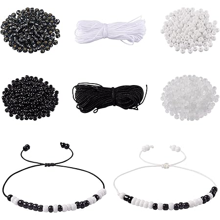 Crafans 1170Pcs 3.6~4mm Morse Code Bracelet Kit with 0.8mm Braided Nylon Thread 4 Styles Round Glass Seed Beads Kit Black and White Pony Beads for Gifts Couple Friendship Jewelry Making