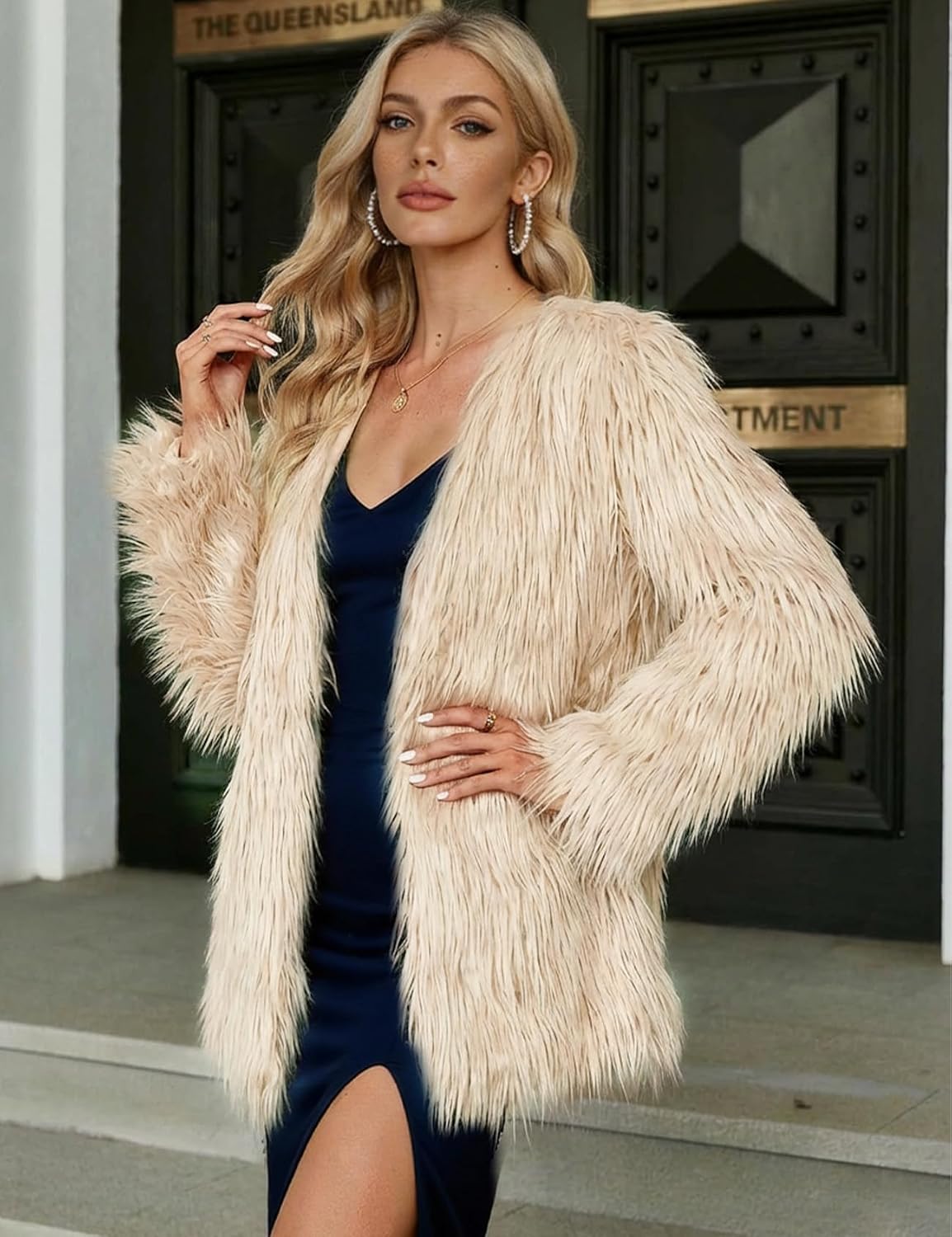 Wyeysyt Women's Faux Fur Coat Fluffy Faux Fur Long Jacket Winter Open Front Furry Shaggy Parka Coats Outerwear