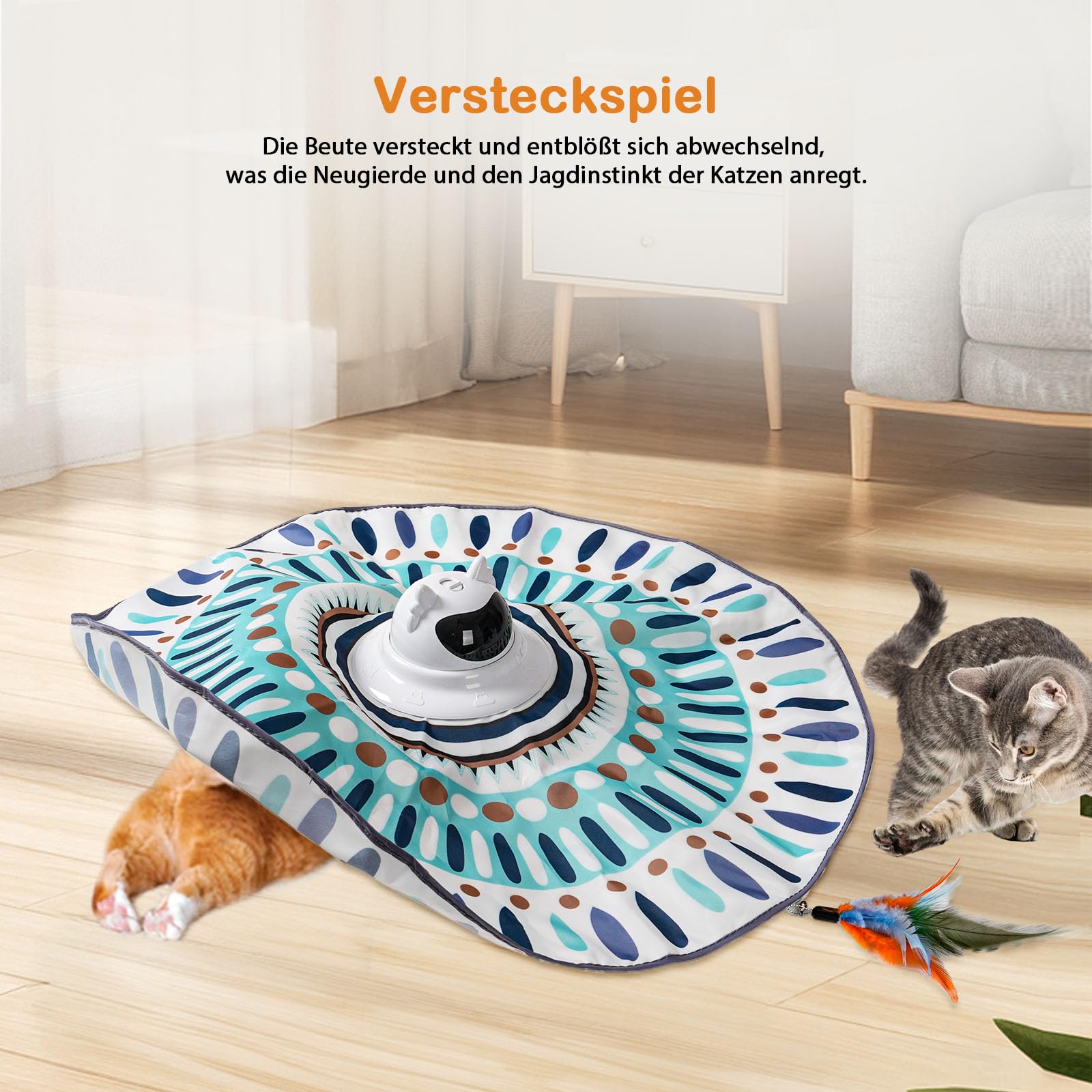 Interaktives Katzenspielzeug，Katzenspielzeug mit Beweglicher Feder Zum Jagen，USB-Aufladbares Intelligentes Katzenspielzeug，4-in-1-Spielzeug Zum Versteckspielen，Geeignet Für Katzen Jeden Alters