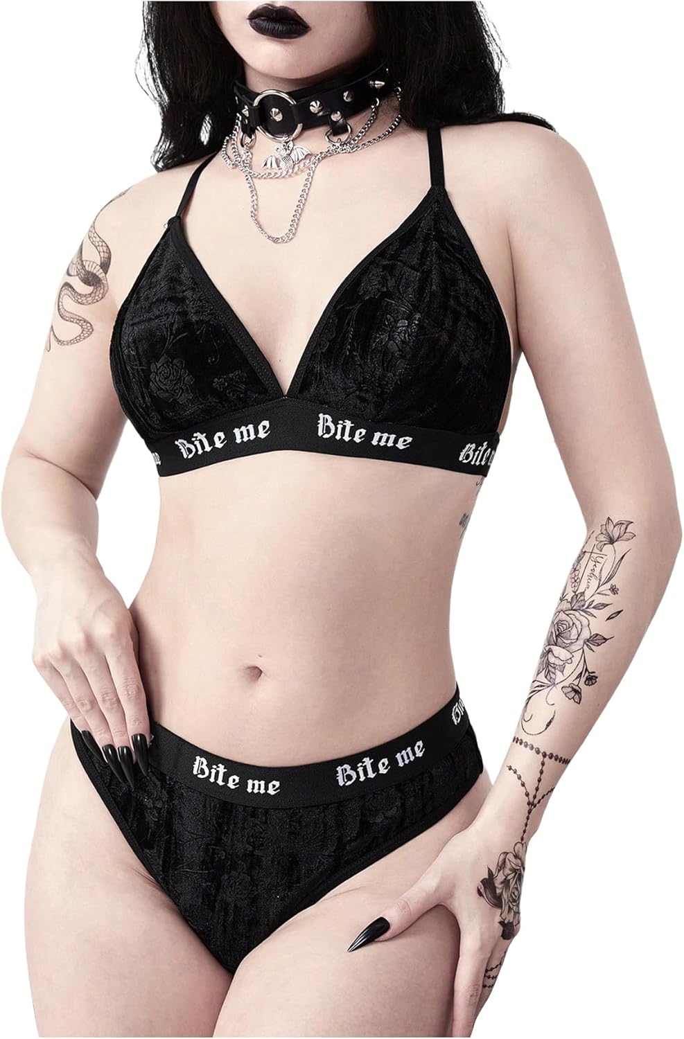 COZYEASE Women's 2 Piece Lingerie Sets Goth Velvet Floral Wireless Bra and Panty Underwear Set