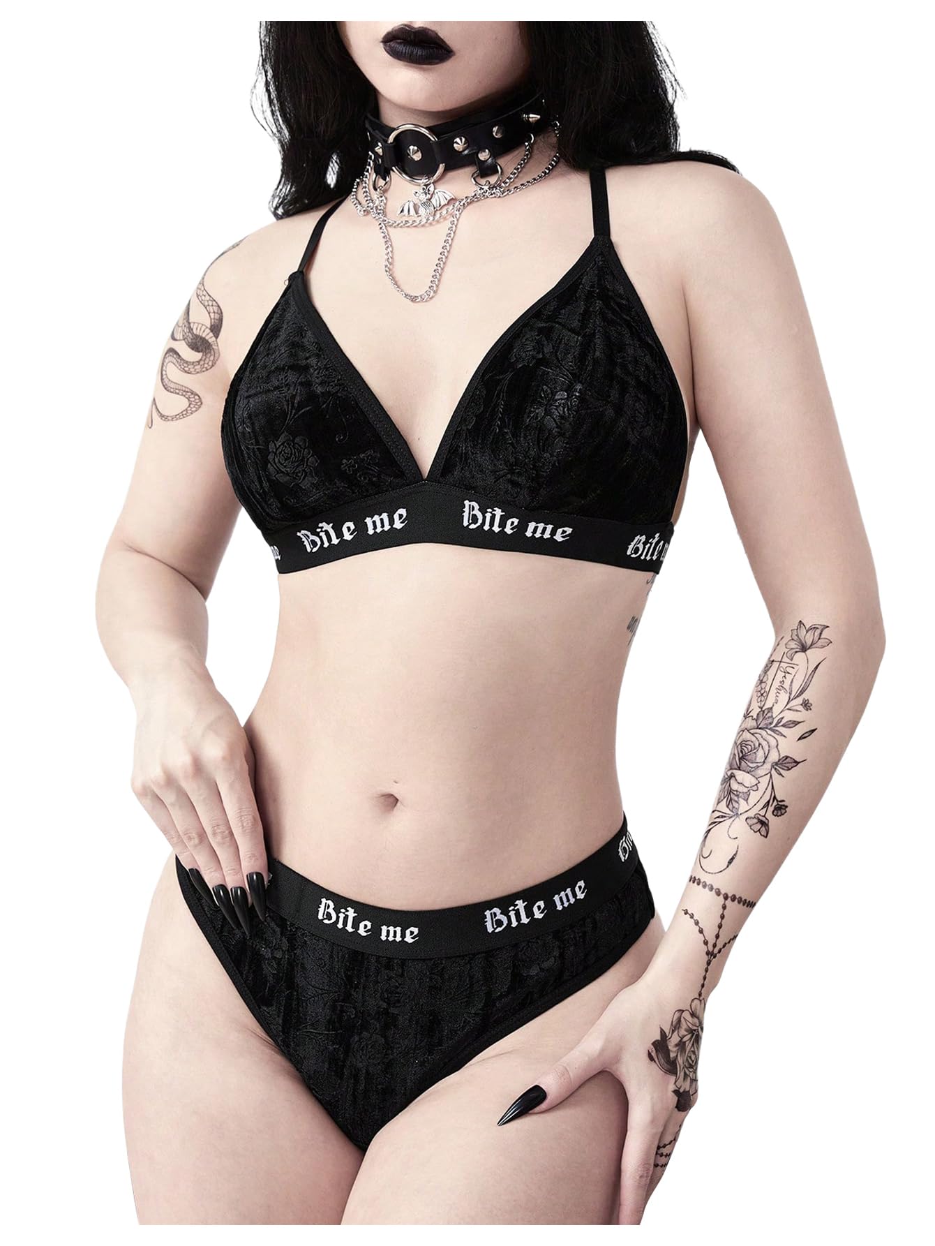 COZYEASE Women's 2 Piece Lingerie Sets Goth Velvet Floral Wireless Bra and Panty Underwear Set