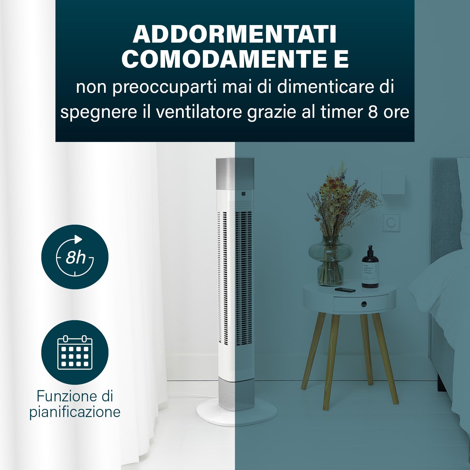 Princess Ventilatore a colonna silenziosa, altezza 103 cm, 3 modalità e 3 velocità, oscillazione, collegato, bianco