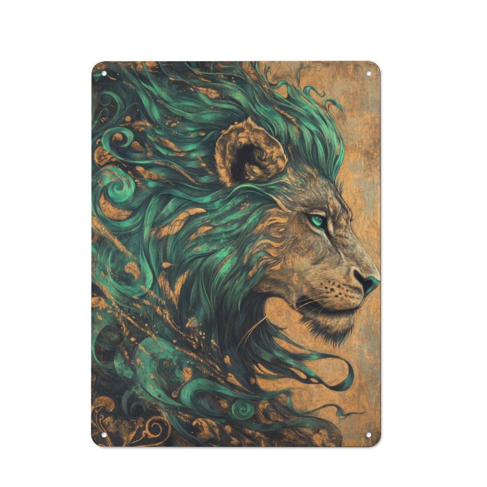 Junmoney Emerald And Bronze Lion Clean Industrial Decorative Metal Plaque 40X30cm, Loft Wall Plaque For Modern Home, Workshop, Office Or Cafe