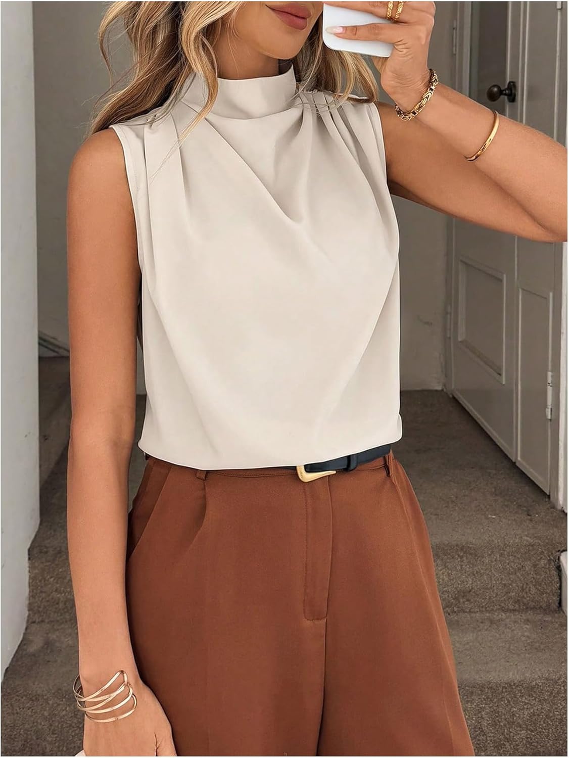 SHENHE Women's Mock Neck Sleeveless Ruched Blouse Dressy Casual Business Work Draped Top - Image 3