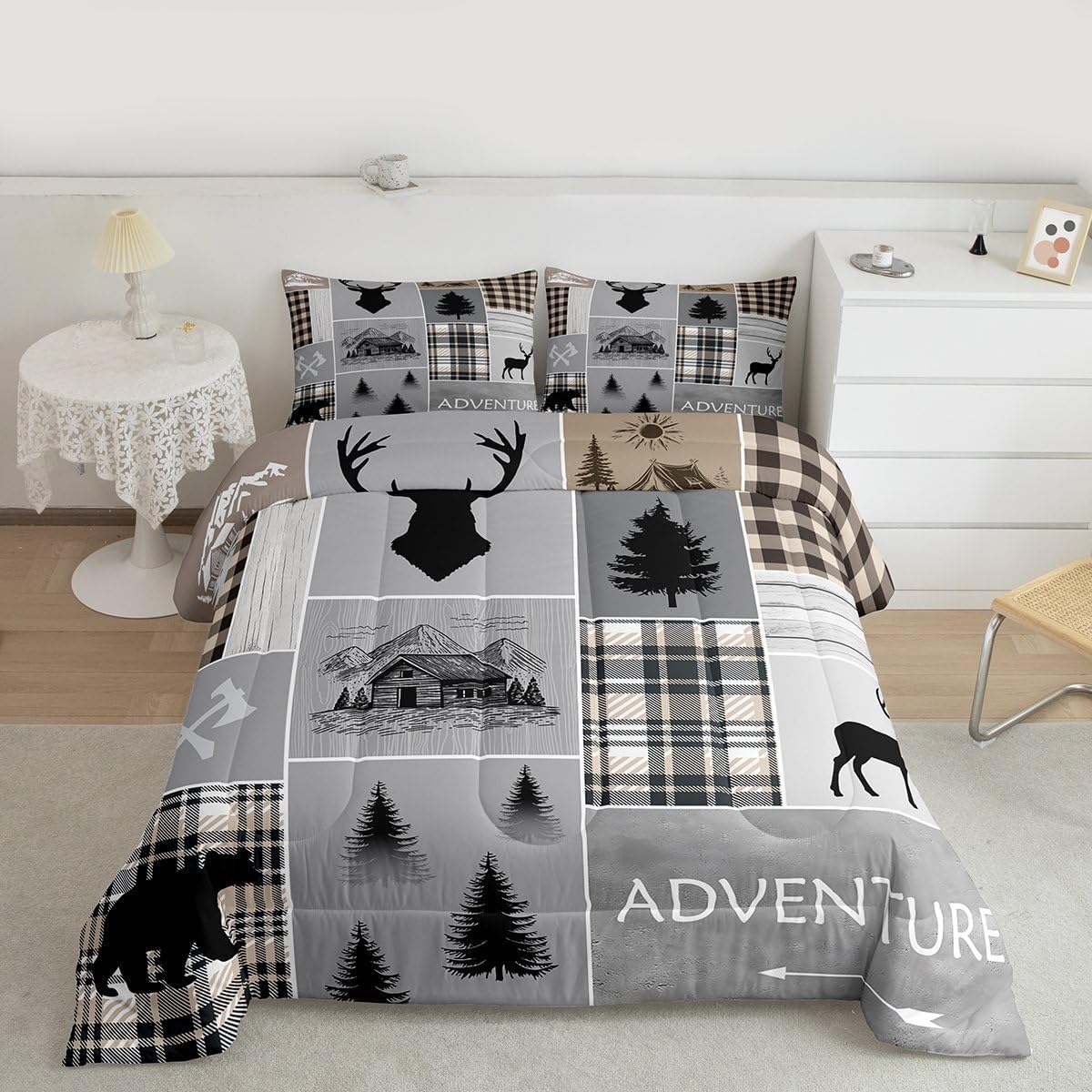 Erosebridal Rustic Patchwork Comforter Set Twin Retro Cabin Decor Bedding Set for Kids Boys Teens Adult, Woodland Bear Deer Quilt Vintage Wild Animal Cowboy Duvet Insert Farmhouse Decorations, Grey