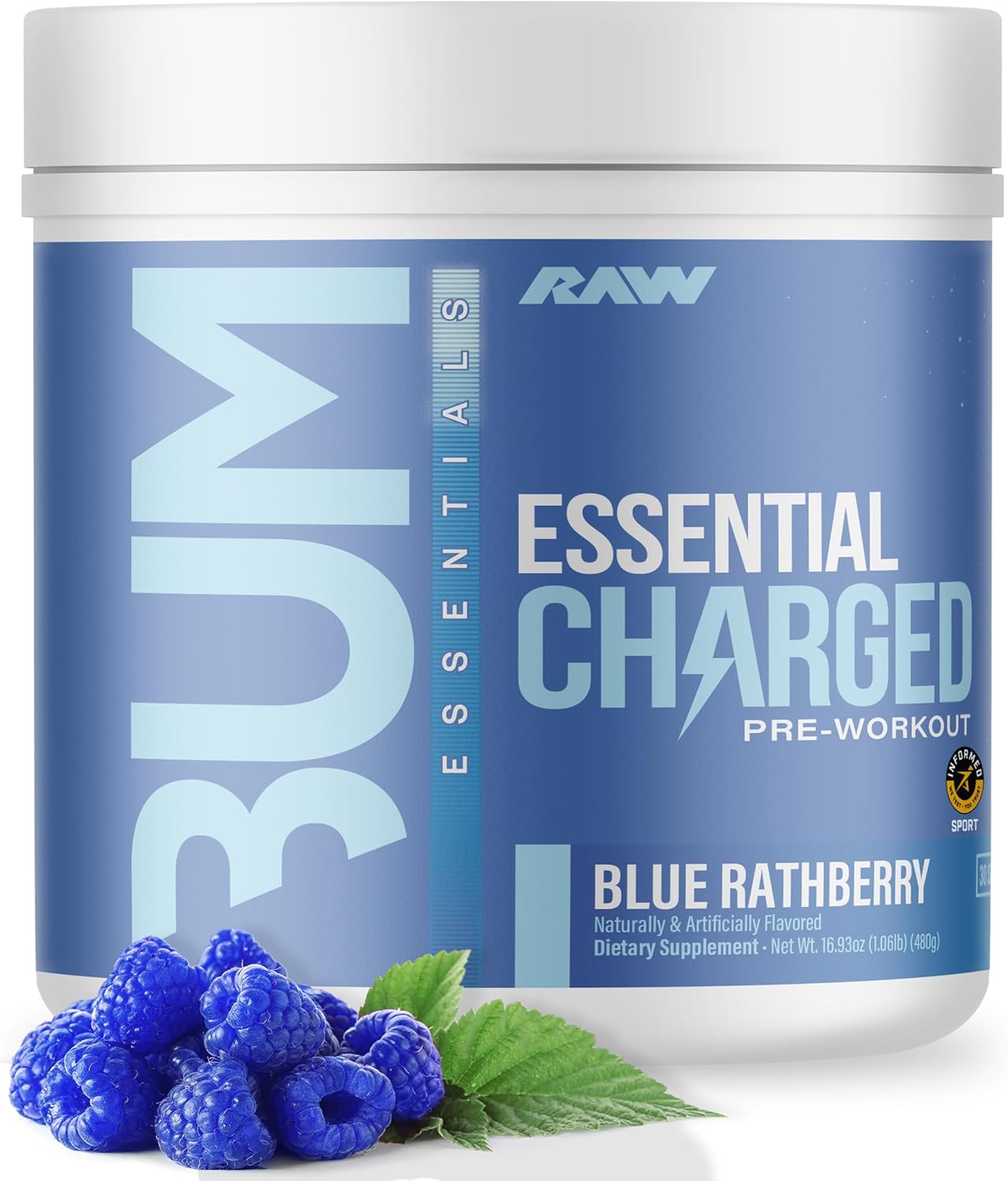 RAW Pre-Workout Powder, Essential CHARGED (Blue Rathberry) – Preworkout Supplement for Men & Women – Supports Focus, Mood, & Performance – Caffeine, Alpha-GPC, L-Citrulline, Beta Alanine (25 Servings)