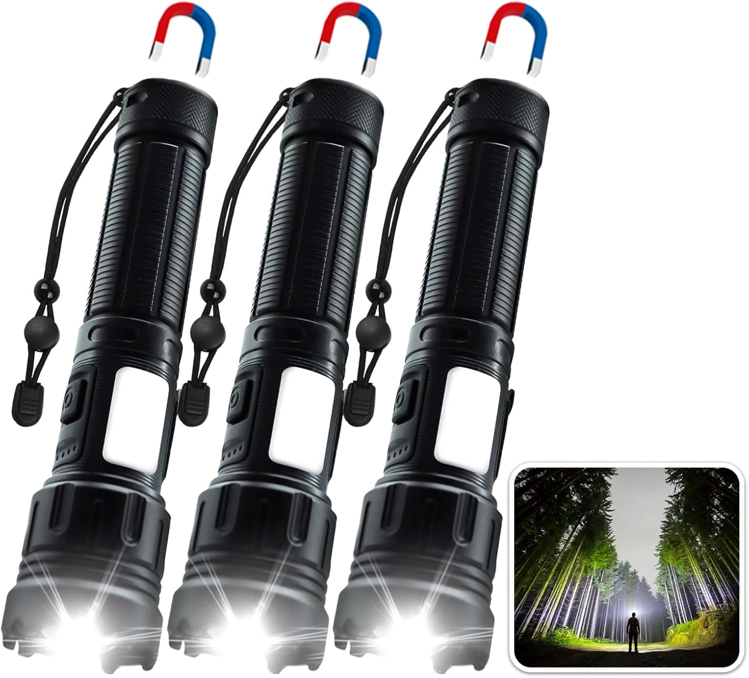 3 Pack High Lumens Rechargeable Flashlight, 990000lm 7 Modes LED Flashlights, Powerful Handheld Flashlight with Waterproof Aluminum Body for Emergency Camping Home, Power Bank Function