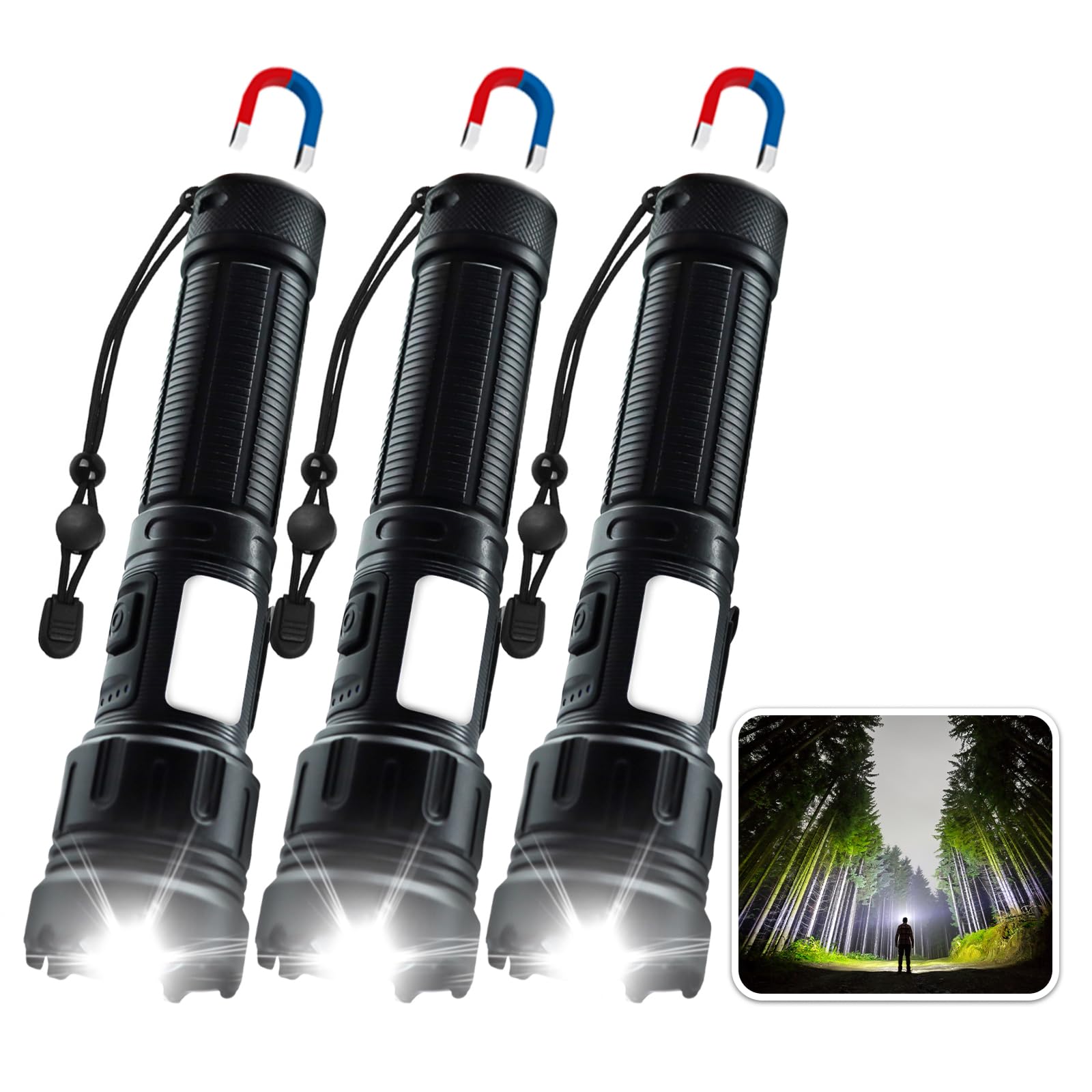 wisafoi 3 Pack High Lumens Rechargeable Flashlight, 990000lm 7 Modes LED Flashlights, Powerful Handheld Flashlight with Waterproof Aluminum Body for