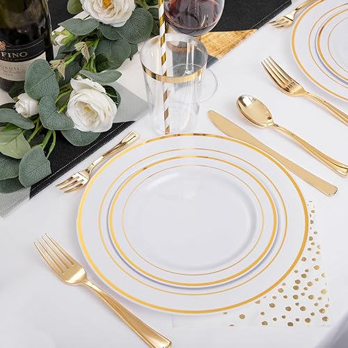 Miniatura 4 de Ciaell 250 platos de plástico de oro rosa, los juegos de platos de plástico blanco y oro rosa incluyen 50platos, 25 cuchillos, 25 tenedores, 25 mini
