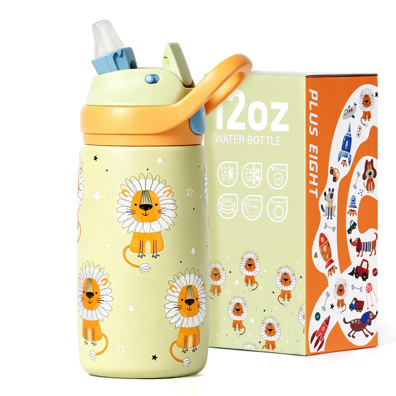pluseight Kids Insulated Water Bottle with Straw Lid, 350ml BPA-Free Double Wall Vacuum Tumbler 18/8 Stainless Steel Leak Proof Keep Drinks 12h Hot & 28h Cold (Lion)