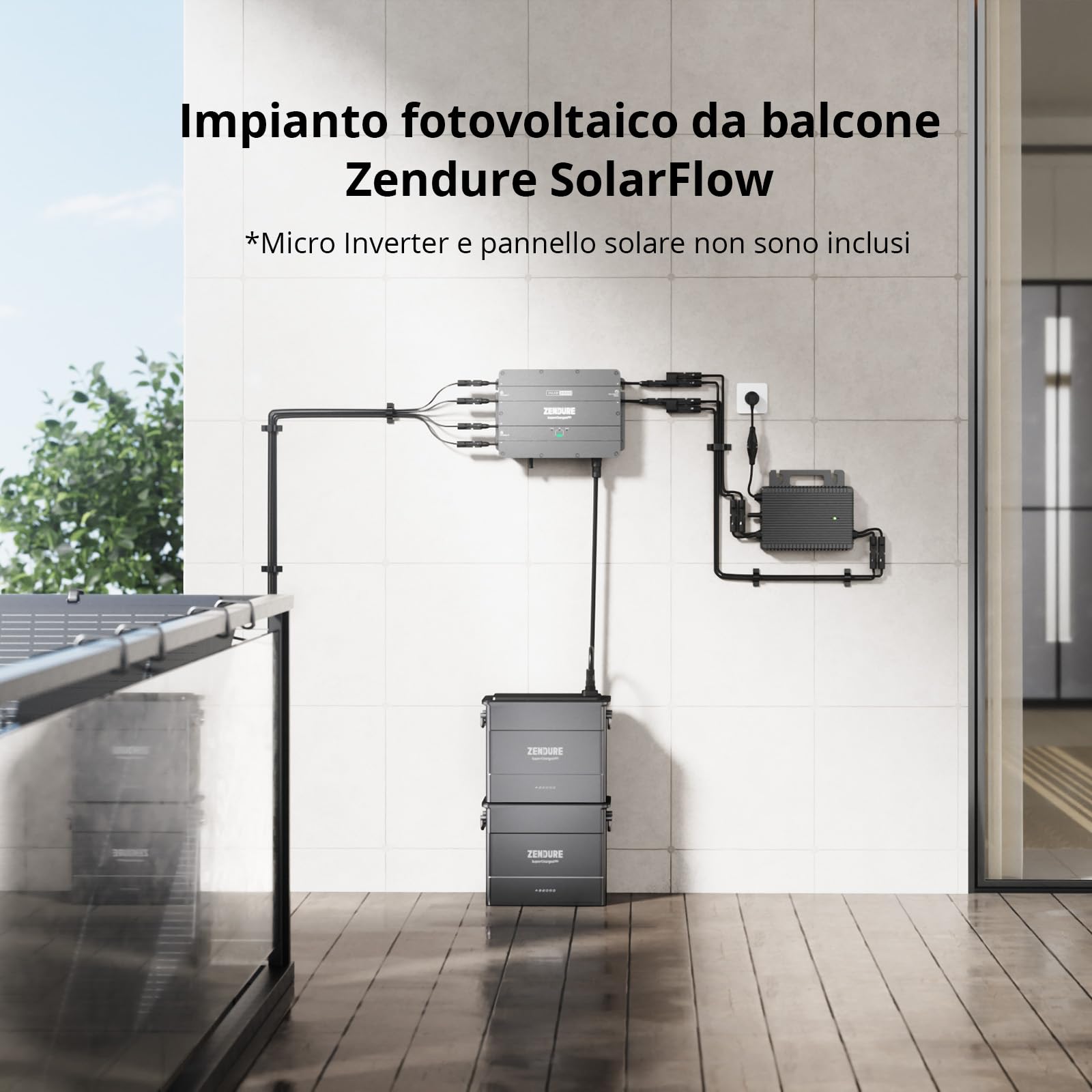 Zendure SolarFlow centrale elettrica da balcone con accumulo, Hub2000 con ingresso solare da 1800 W, 1 batteria AB2000 1920 Wh LiFePO4, uscita da 1200 W, app, IP65, 0 dB, con Shelly Plus Plug S