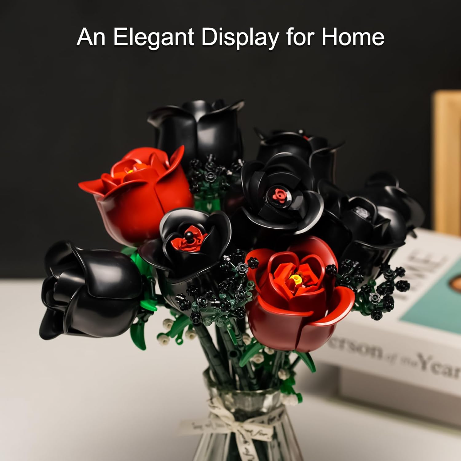 ENJBRICK 12 Pack Gothic Black Roses Building Set Compatible with Lego, Red & Black Flower Bouquet with Baby's Breath, Unique Romantic Gifts for Women, Aesthetic Home Decor