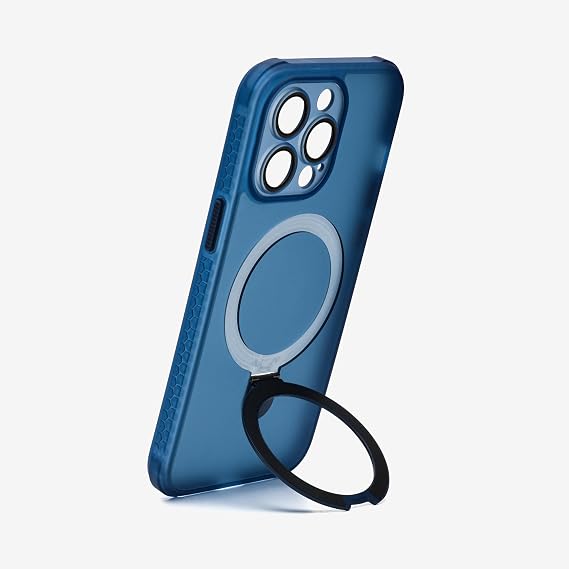 FlexStand Serisi iPhone 14 Pro için MagSafe ile Uyumlu Manyetik Stantlı ve Yükseltilmiş Kenarlı Tam Kamera Lens Korumalı Kılıf Kraliyet Mavisi
