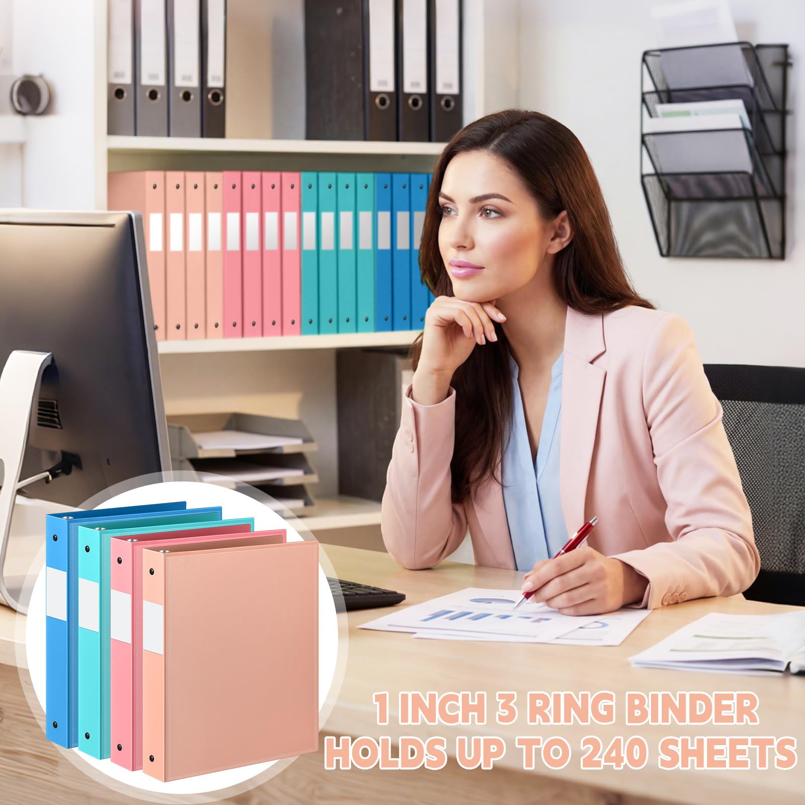 Henoyso Lot de 12 classeurs à 3 anneaux de 2,5 cm avec vue transparente pouvant contenir 225 feuilles de papier de format lettre de 21,6 x 27,9 cm, pour l'école, le bureau, la maison, 4 couleurs vives