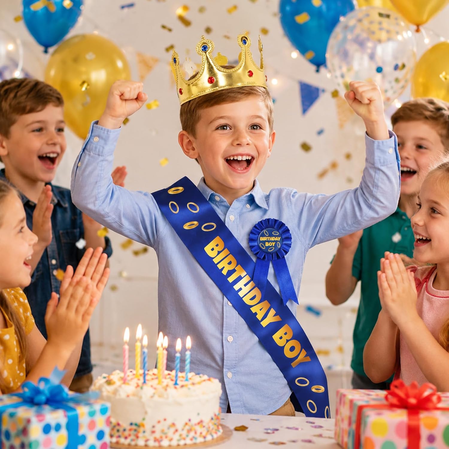 Birthday Boy Crown, 3 Pcs Blue with Gold Ring Birthday Sash King Crown and Button Pin Golden Birthday-Party Accessory Set for Party Supplies Favors