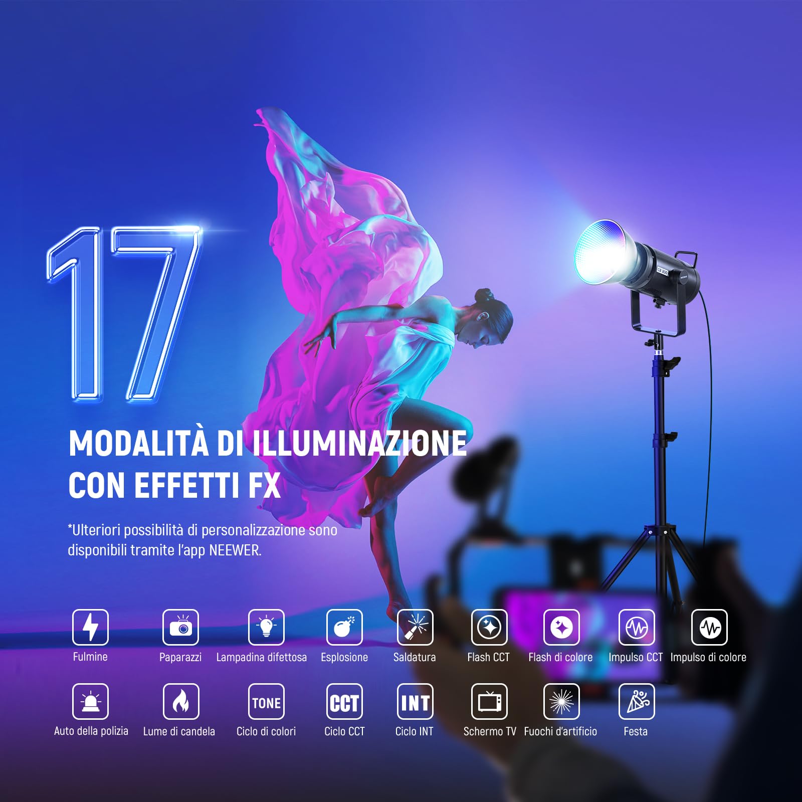 NEEWER CB 300C Luce Video LED RGB 300W+Riflettore, Controllo APP/2.4G, 17 Scene, 29600Lux/1m 2500-7500K CRI97+/TLCI97+, Spettro Completo, Illuminazione COB Continua Bowens Regolabile per Video Studio