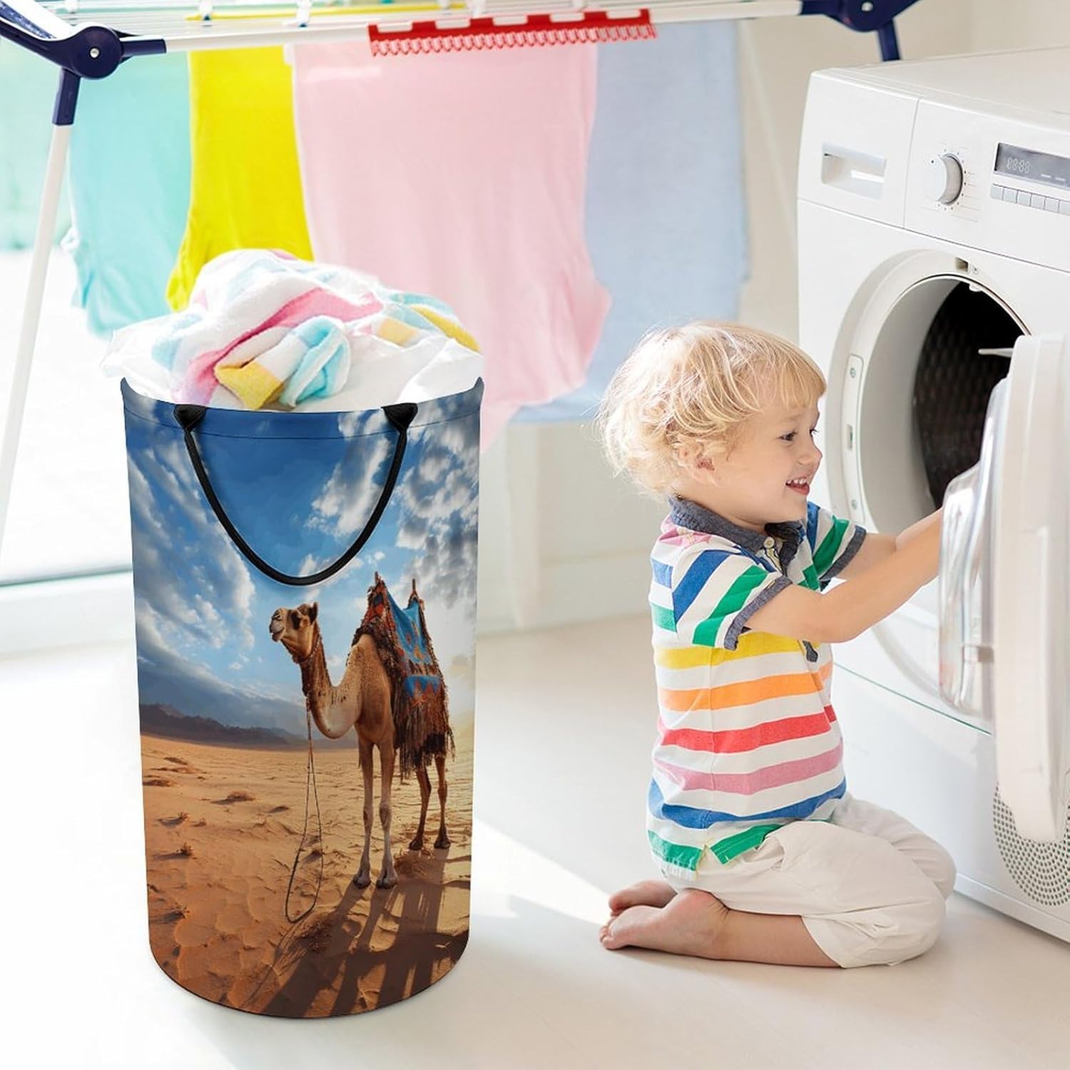 Camel Blue Sky Laundry Basket Large Foldable Laundry Hamper with Handles Freestanding Collapsible Clothes Basket Waterproof Portable Dirty Clothes Hamper for Bathroom 86L